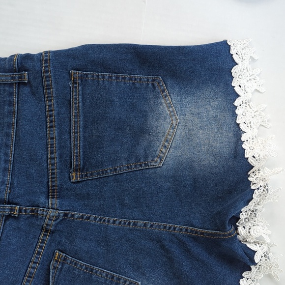 Distressed Embroidered Floral Jean Short Overalls M Blue Y2K Shortalls - Picture 6 of 14